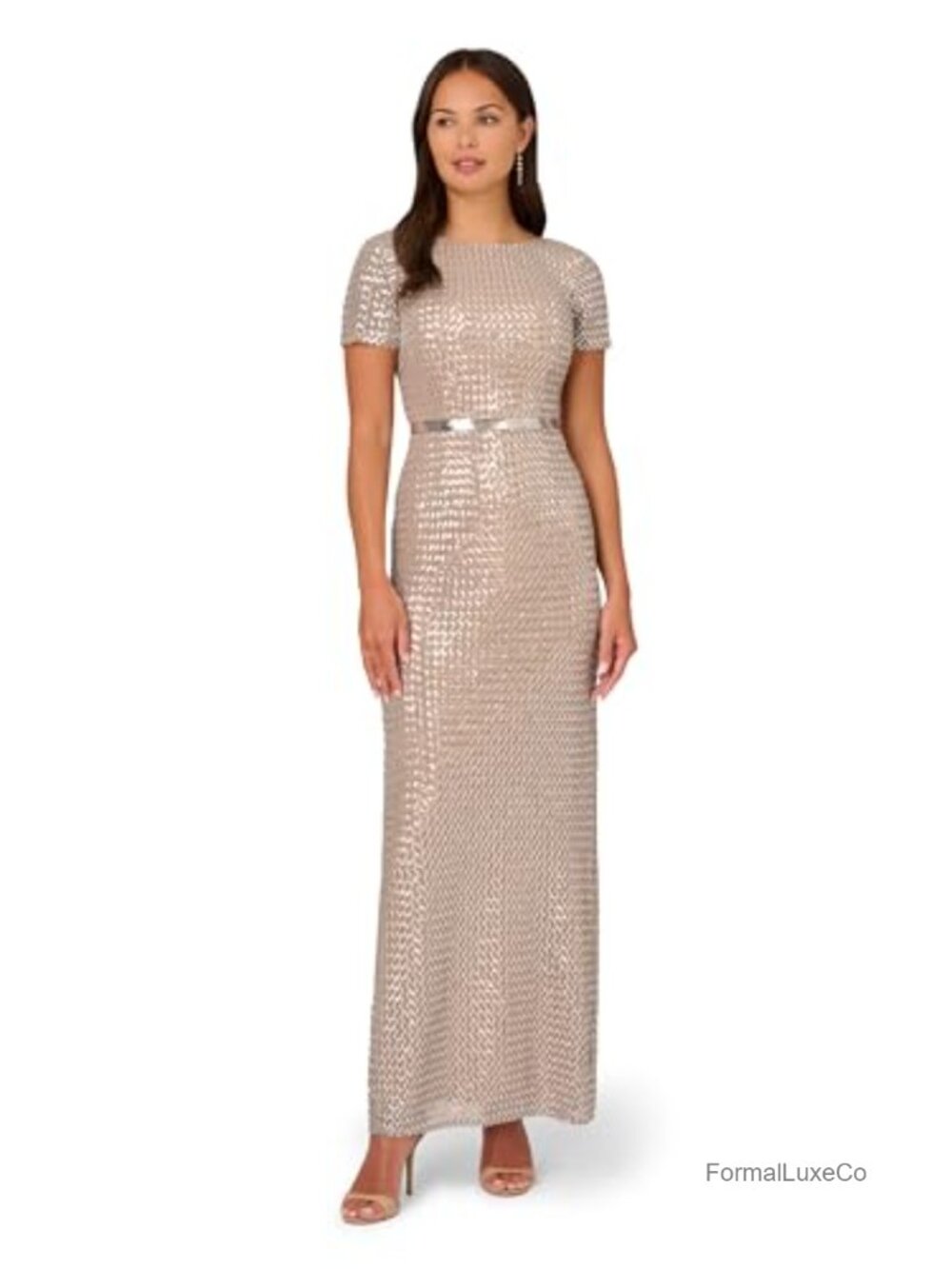 Column Sequin Gown Mesh Short Sleeve Formal Evening Dress